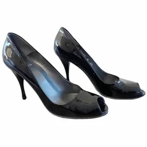 Stuart Weitzman Patent Leather Peep Toe 4&quot; Heels Pumps Open Toe Black Size 7.5