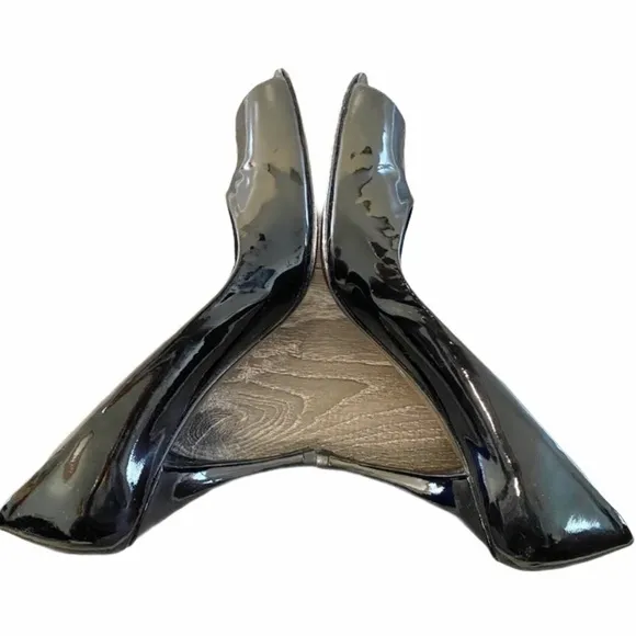 Stuart Weitzman Patent Leather Peep Toe 4&quot; Heels Pumps Open Toe Black Size 7.5