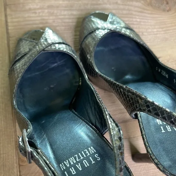 Stuart Weitzman Pewter colored peep toe heels. Size 5