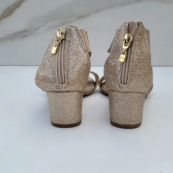 STUART WEITZMAN Rosalyn Alexa Anklestrap Gold glitter open toe heels Siz…