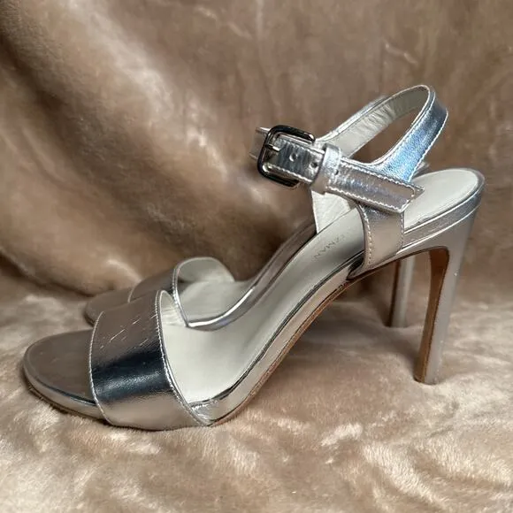 Stuart Weitzman Silver Metallic Strap 4&quot; Heels Open Toe Summer Women’s Size 7M