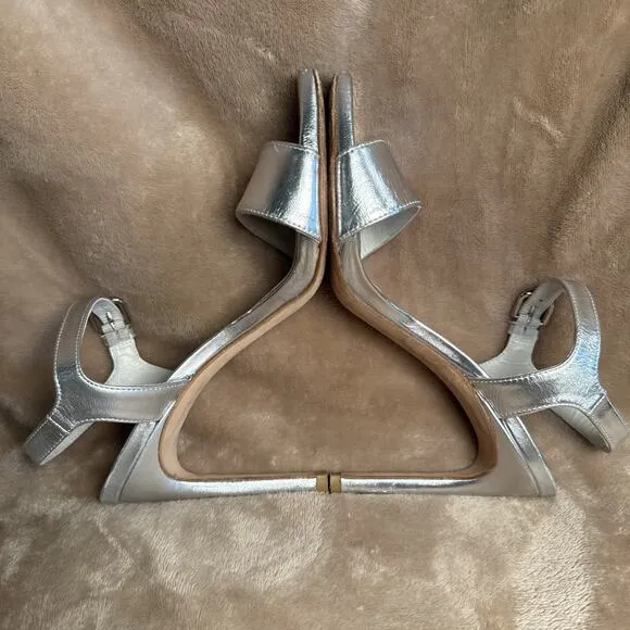 Stuart Weitzman Silver Metallic Strap 4&quot; Heels Open Toe Summer Women’s Size 7M