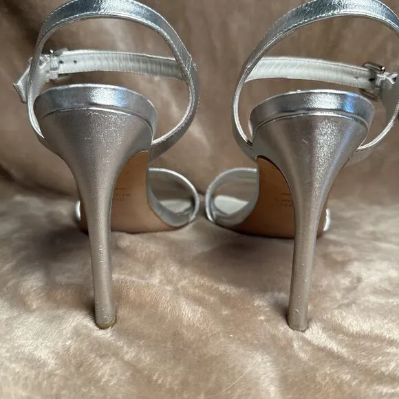 Stuart Weitzman Silver Metallic Strap 4&quot; Heels Open Toe Summer Women’s Size 7M