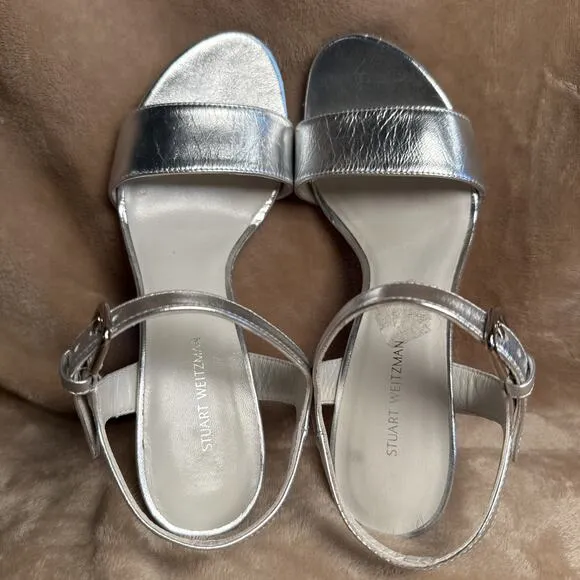 Stuart Weitzman Silver Metallic Strap 4&quot; Heels Open Toe Summer Women’s Size 7M
