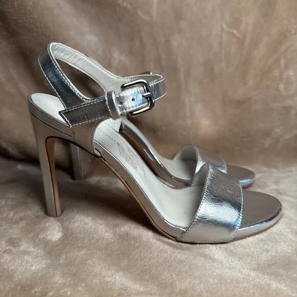Stuart Weitzman Silver Metallic Strap 4&quot; Heels Open Toe Summer Women’s Size 7M