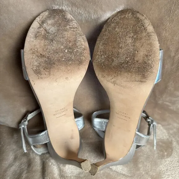 Stuart Weitzman Silver Metallic Strap 4&quot; Heels Open Toe Summer Women’s Size 7M