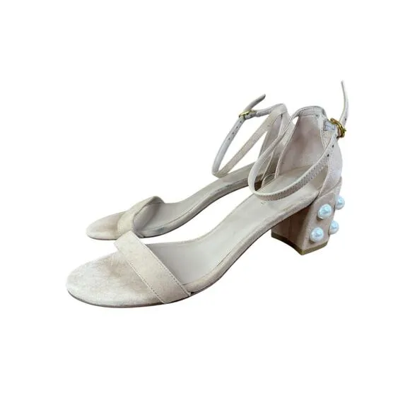 Stuart Weitzman Simple Pearl Block Heel Suede Sandals Nude Size 8
