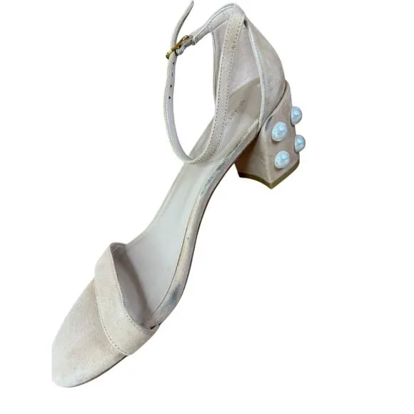 Stuart Weitzman Simple Pearl Block Heel Suede Sandals Nude Size 8