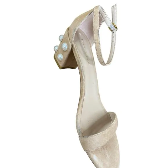 Stuart Weitzman Simple Pearl Block Heel Suede Sandals Nude Size 8