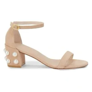 Stuart Weitzman Simple Pearl Block Heel Suede Sandals Nude Size 8
