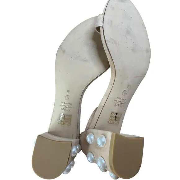 Stuart Weitzman Simple Pearl Block Heel Suede Sandals Nude Size 8