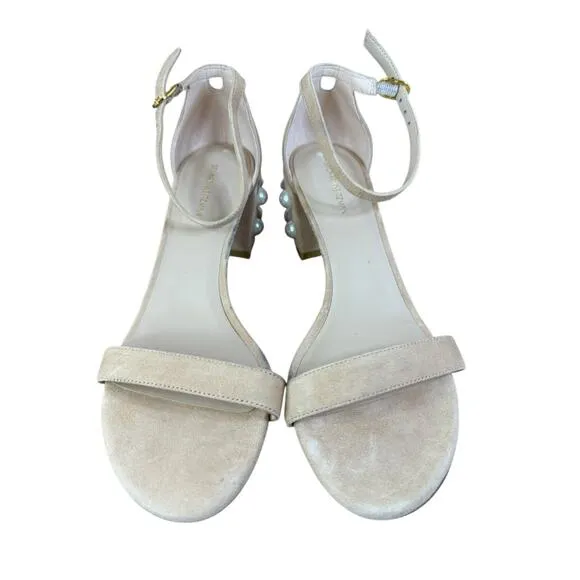 Stuart Weitzman Simple Pearl Block Heel Suede Sandals Nude Size 8