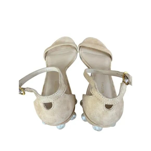 Stuart Weitzman Simple Pearl Block Heel Suede Sandals Nude Size 8