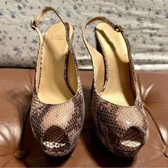 Stuart Weitzman Snake Skin Peep Toe Platform Heels Size 8.5