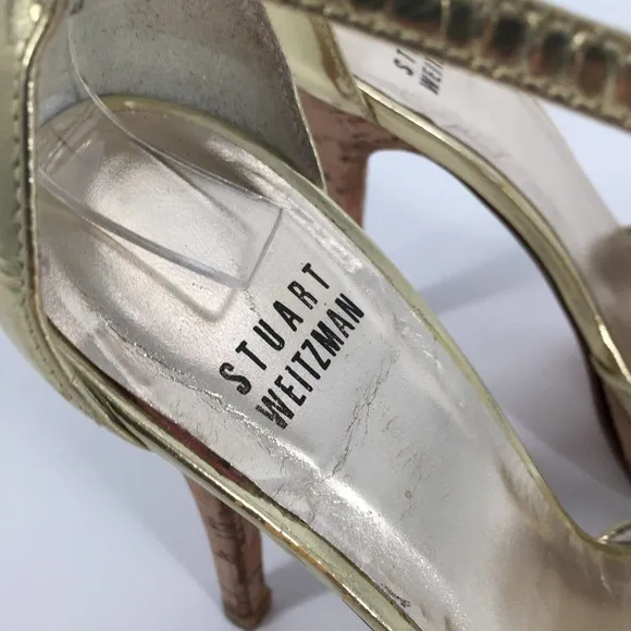 Stuart Weitzman Strappy Open Toe High Heels Size 5.5 Womens Metallic Gold