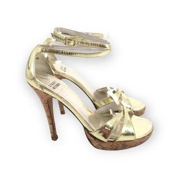 Stuart Weitzman Strappy Open Toe High Heels Size 5.5 Womens Metallic Gold