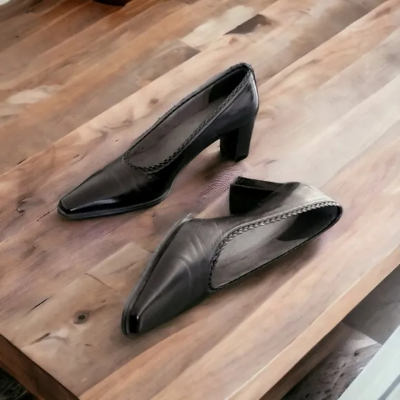STUART WEITZMAN Vintage Black Braided Square Snip Toe Pumps 8 Classic Heels