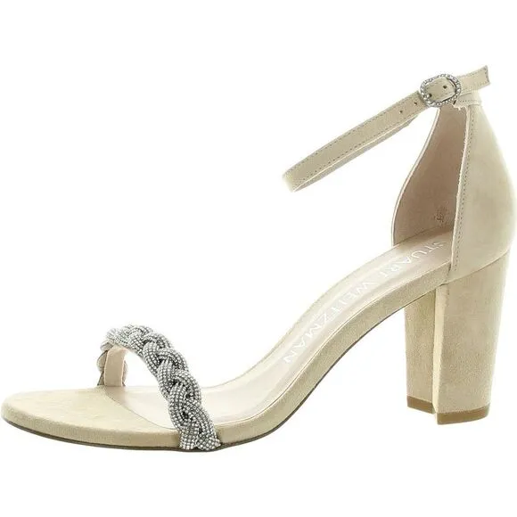 Stuart Weitzman Womens Beige Rhinestone Leather Block Heels New