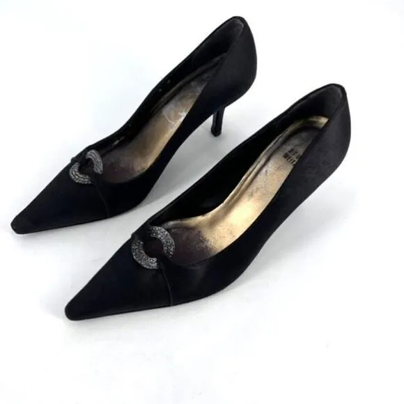 Stuart Weitzman Womens Embellished Rhinestones Satin Pointed Pumps Black Size 8W