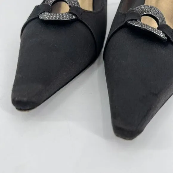 Stuart Weitzman Womens Embellished Rhinestones Satin Pointed Pumps Black Size 8W