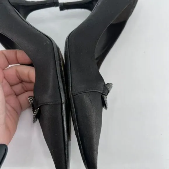 Stuart Weitzman Womens Embellished Rhinestones Satin Pointed Pumps Black Size 8W