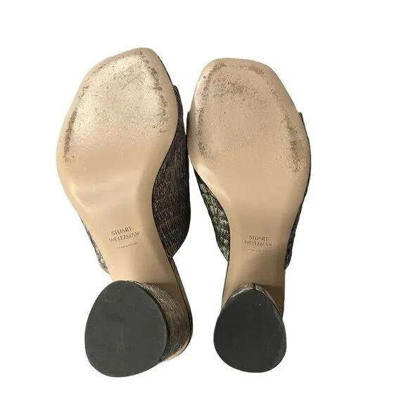 Stuart Weitzman Theone Argento Silver Pleated Lurex Block Heel Slides sz 7 m