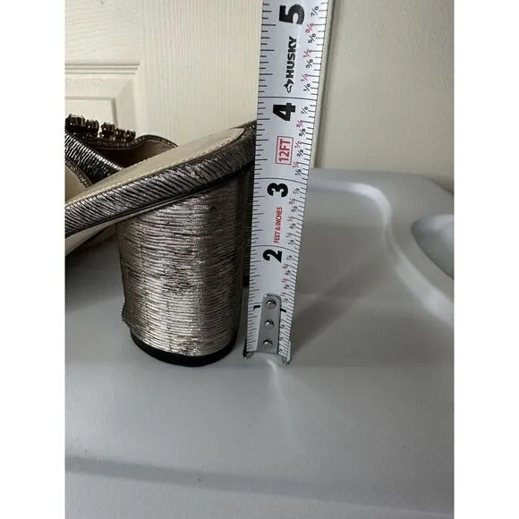 Stuart Weitzman Theone Argento Silver Pleated Lurex Block Heel Slides sz 7 m