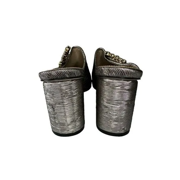 Stuart Weitzman Theone Argento Silver Pleated Lurex Block Heel Slides sz 7 m