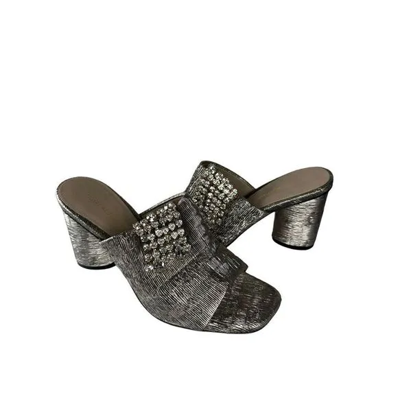 Stuart Weitzman Theone Argento Silver Pleated Lurex Block Heel Slides sz 7 m