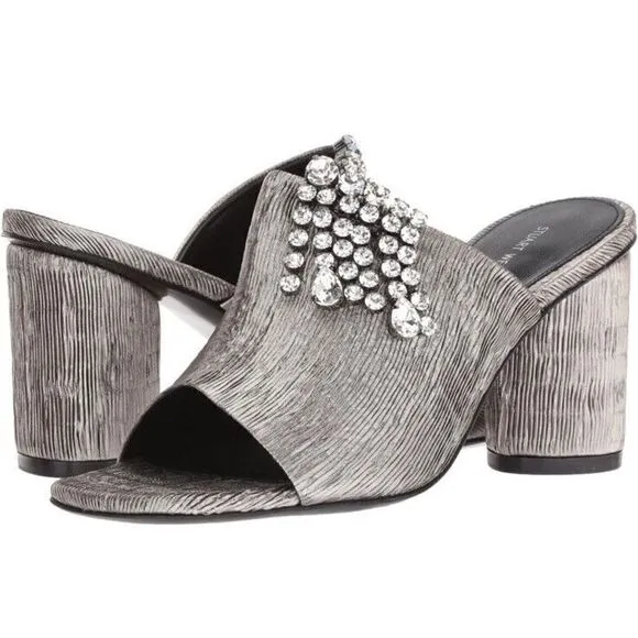 Stuart Weitzman Theone Argento Silver Pleated Lurex Block Heel Slides sz 7 m
