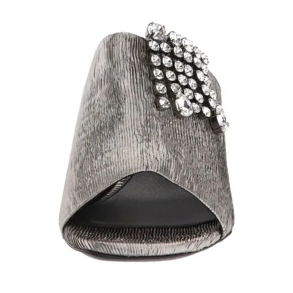 Stuart Weitzman Theone Argento Silver Pleated Lurex Block Heel Slides sz 7 m