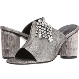 Stuart Weitzman Theone Argento Silver Pleated Lurex Block Heel Slides sz 7 m