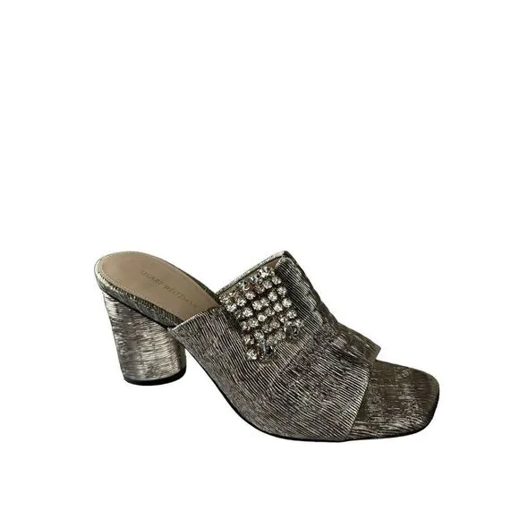 Stuart Weitzman Theone Argento Silver Pleated Lurex Block Heel Slides sz 7 m