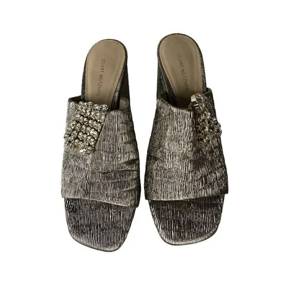 Stuart Weitzman Theone Argento Silver Pleated Lurex Block Heel Slides sz 7 m