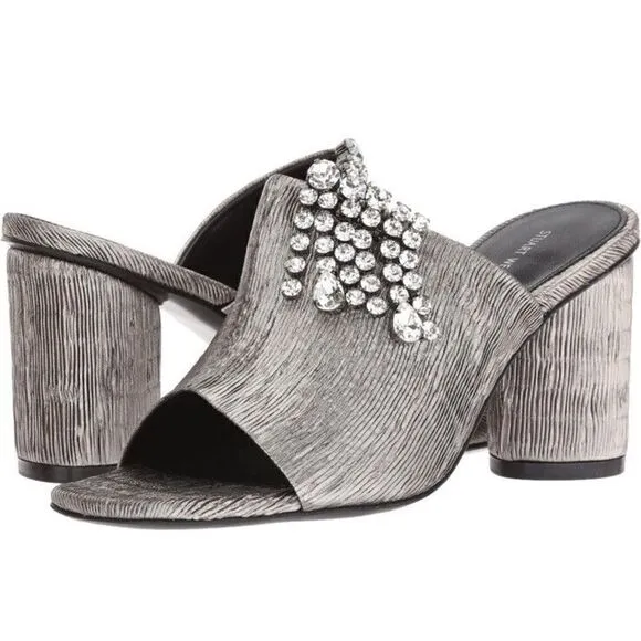 Stuart Weitzman Theone Argento Silver Pleated Lurex Block Heel Slides sz 7 m