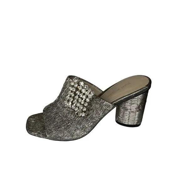 Stuart Weitzman Theone Argento Silver Pleated Lurex Block Heel Slides sz 7 m