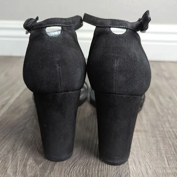 Stuart Weitzman nearlynude black suede leather strappy open toe block heel 8