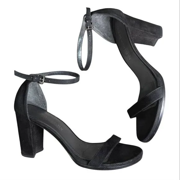 Stuart Weitzman nearlynude black suede leather strappy open toe block heel 8