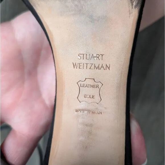 Stuart Weitzman nearlynude black suede leather strappy open toe block heel 8