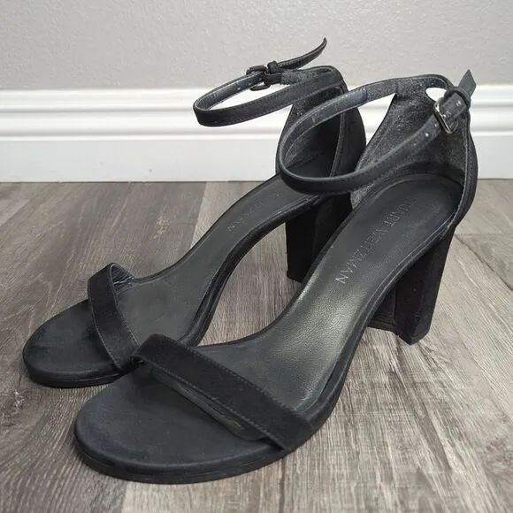 Stuart Weitzman nearlynude black suede leather strappy open toe block heel 8