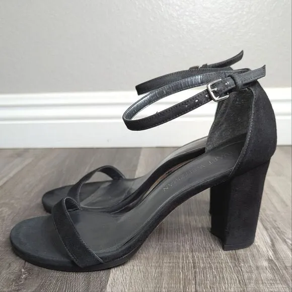 Stuart Weitzman nearlynude black suede leather strappy open toe block heel 8