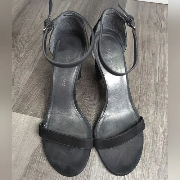 Stuart Weitzman nearlynude black suede leather strappy open toe block heel 8