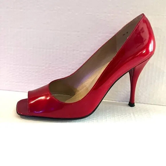 Stuart Weitzman Cherry Red Patent Peep toe Heels 8M