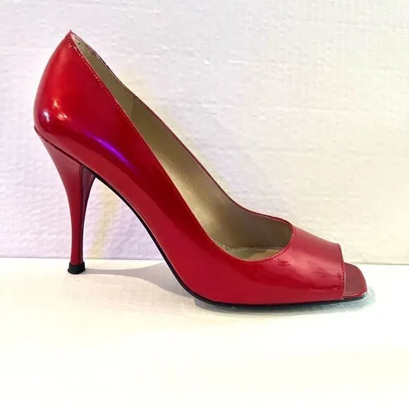 Stuart Weitzman Cherry Red Patent Peep toe Heels 8M