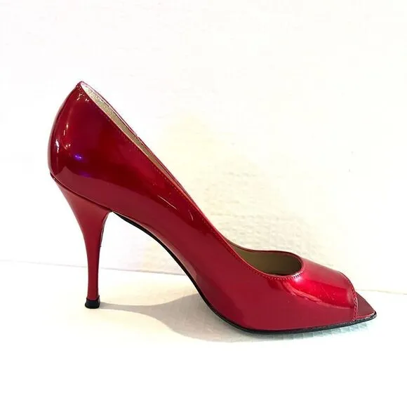 Stuart Weitzman Cherry Red Patent Peep toe Heels 8M