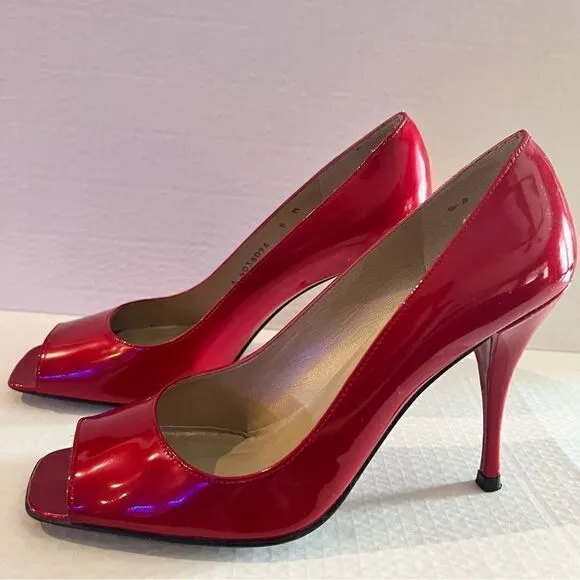 Stuart Weitzman Cherry Red Patent Peep toe Heels 8M
