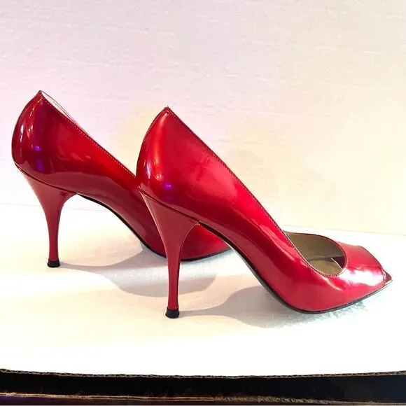 Stuart Weitzman Cherry Red Patent Peep toe Heels 8M