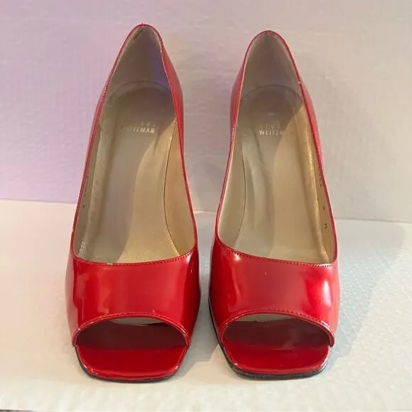 Stuart Weitzman Cherry Red Patent Peep toe Heels 8M