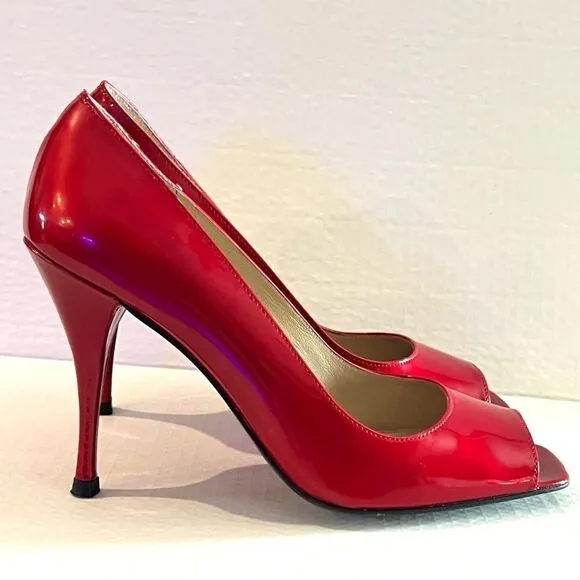 Stuart Weitzman Cherry Red Patent Peep toe Heels 8M