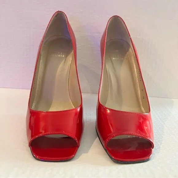 Stuart Weitzman Cherry Red Patent Peep toe Heels 8M